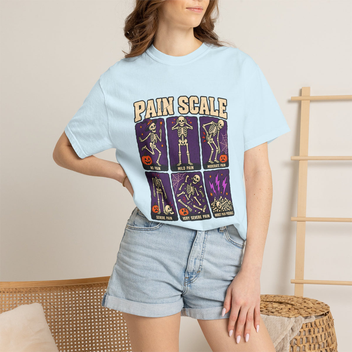 Comfort Colors® Pain Scale Skeleton T-Shirt, Funny Halloween Skeleton Gift, Spooky Medical Humor Gift, Nurse Doctor Halloween Graphic Tee