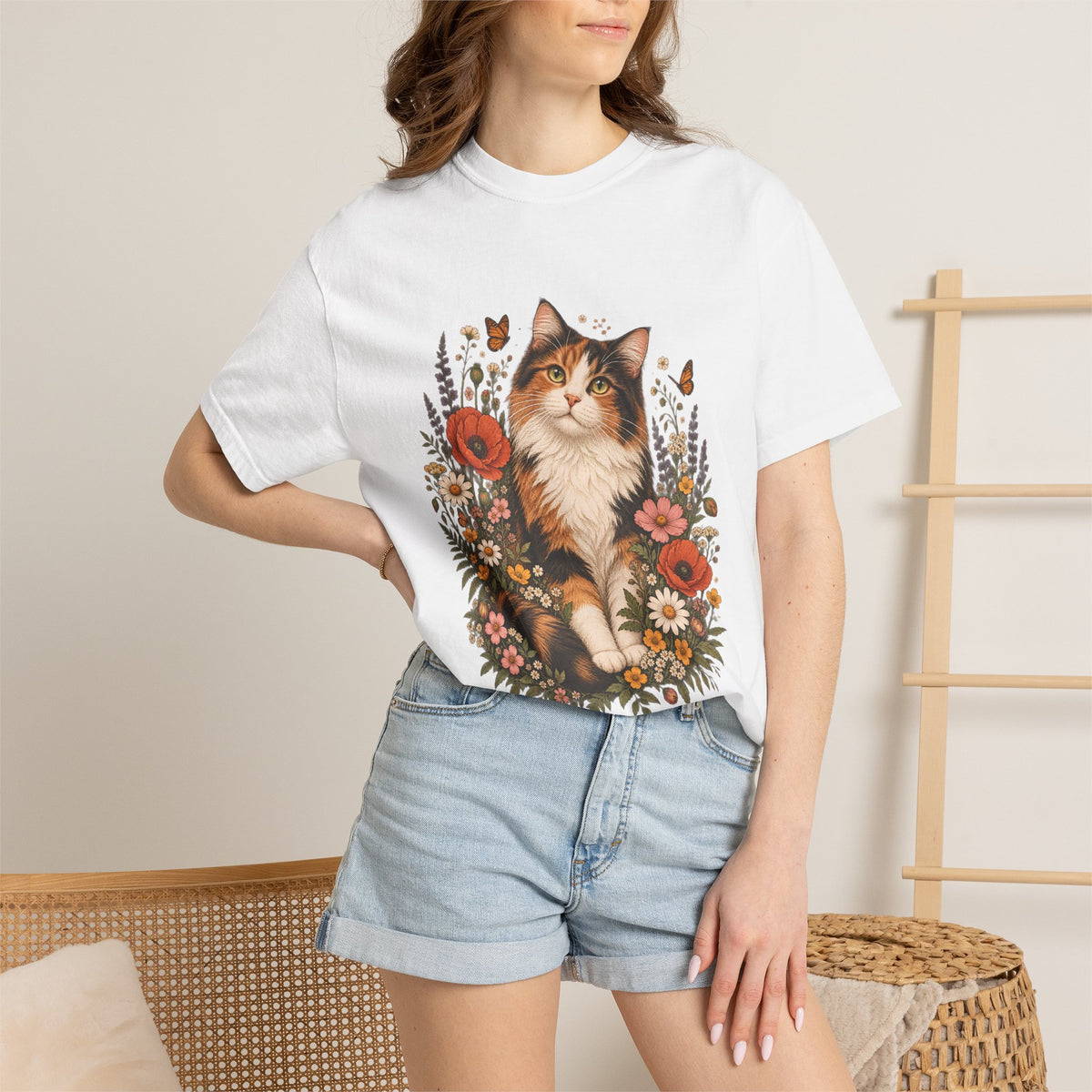 Comfort Colors® Calico Cat Wildflower T-Shirt, Floral Cat Lover Gift, Cottagecore Kitty Butterfly Graphic Tee, Vintage Garden Cat Mom Shirt