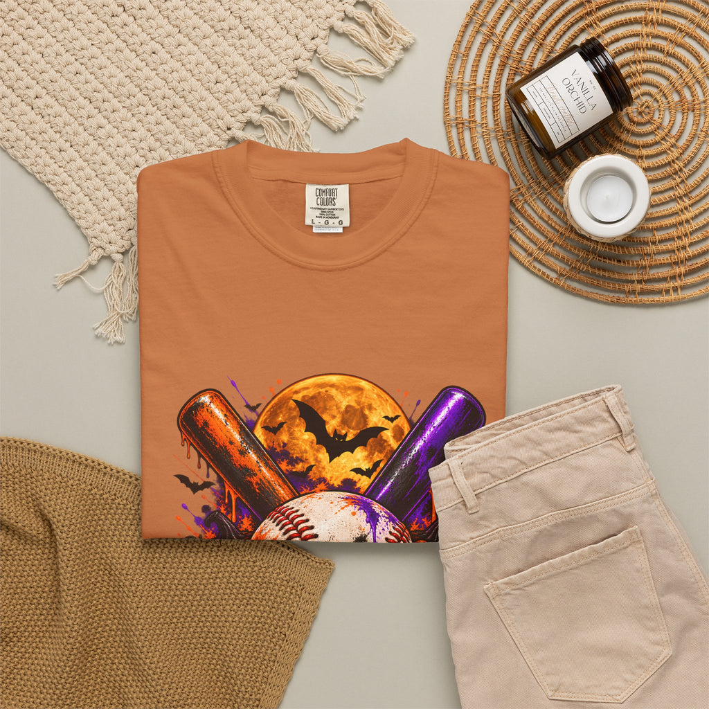 T-shirt de baseball Halloween Comfort Colors®, cadeau de joueur de baseball effrayant, t-shirt graphique pour amateur de baseball citrouille, t-shirt de fan de sport pour Halloween
