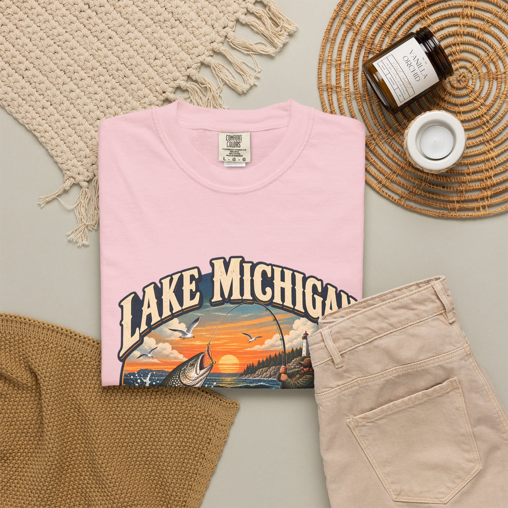 Comfort Colors® Lake Michigan Fishing T-Shirt, Great Lakes Angler Gift, Trout Fisherman Sunset Graphic Tee, Michigan Fishing Lover Shirt