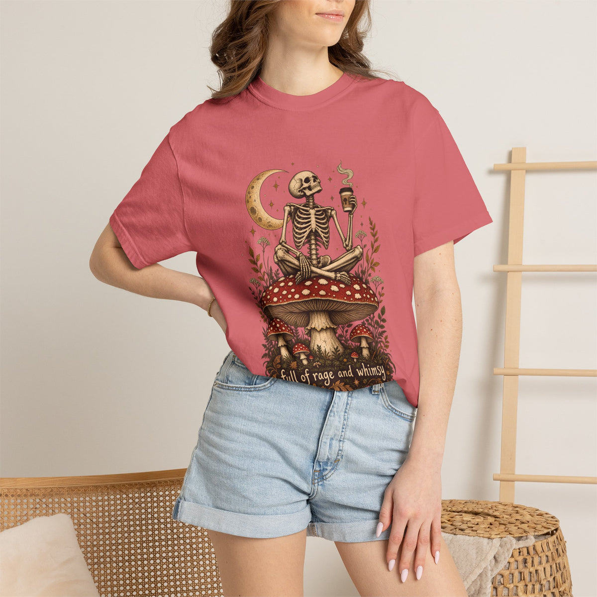 Comfort Colors® Full of Rage and Whimsy T-Shirt, Funny Skeleton Coffee Lover Gift, Cottagecore Mushroom Gothic Shirt, Dark Academia Shirt