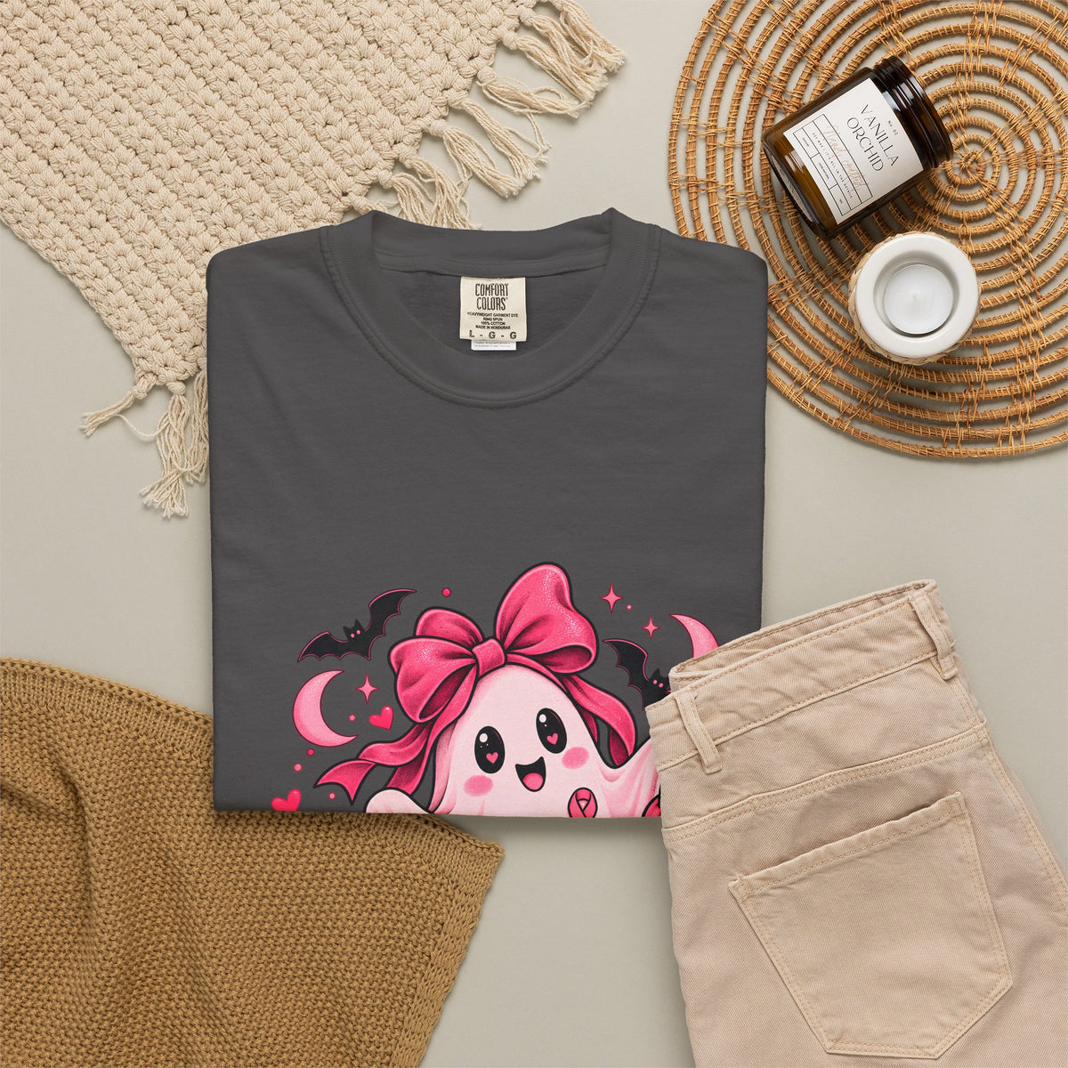 Comfort Colors® Pink Ribbon Ghost T-Shirt, Breast Cancer Awareness Halloween Gift, Cute Spooky Survivor Support Shirt, Pink October Shirt