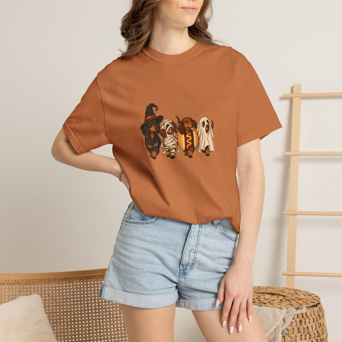 Comfort Colors® Halloween Dachshund T-Shirt, Spooky Wiener Dog Lover Gift, Cute Sausage Dog Costume Shirt, Doxie Halloween Pet Mom Shirt