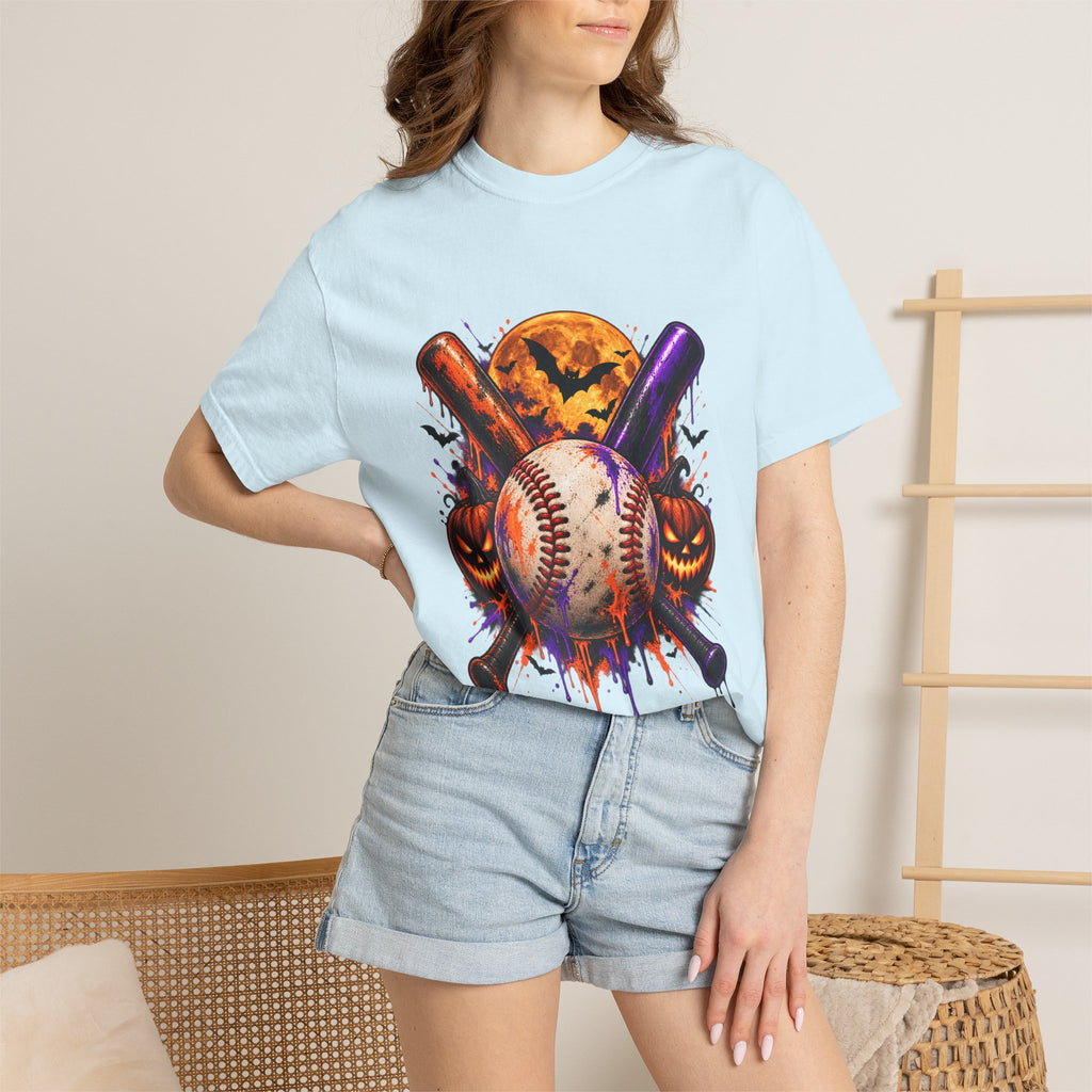 T-shirt de baseball Halloween Comfort Colors®, cadeau de joueur de baseball effrayant, t-shirt graphique pour amateur de baseball citrouille, t-shirt de fan de sport pour Halloween