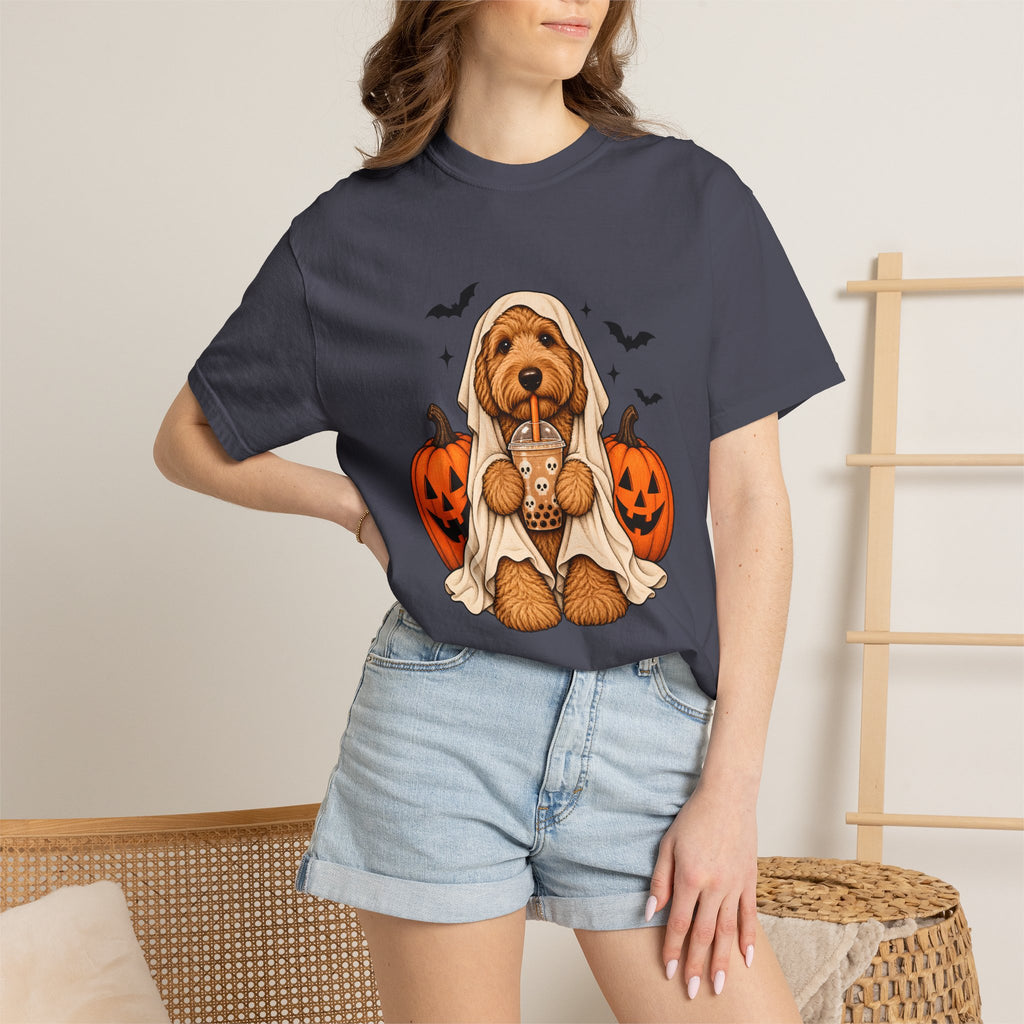 Comfort Colors® Halloween Ghost Dog Boba T-Shirt, Cute Doodle Dog Lover Gift, Spooky Pumpkin Bubble Tea Gift, Fall Pet Graphic Tee