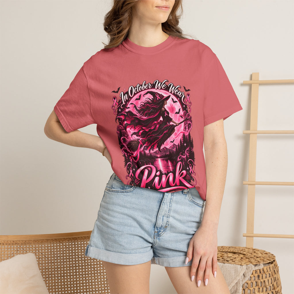 Comfort Colors® In October We Wear Pink T-Shirt, Breast Cancer Awareness Witch Gift, Pink Ribbon Halloween, Spooky Survivor Support Shirt
