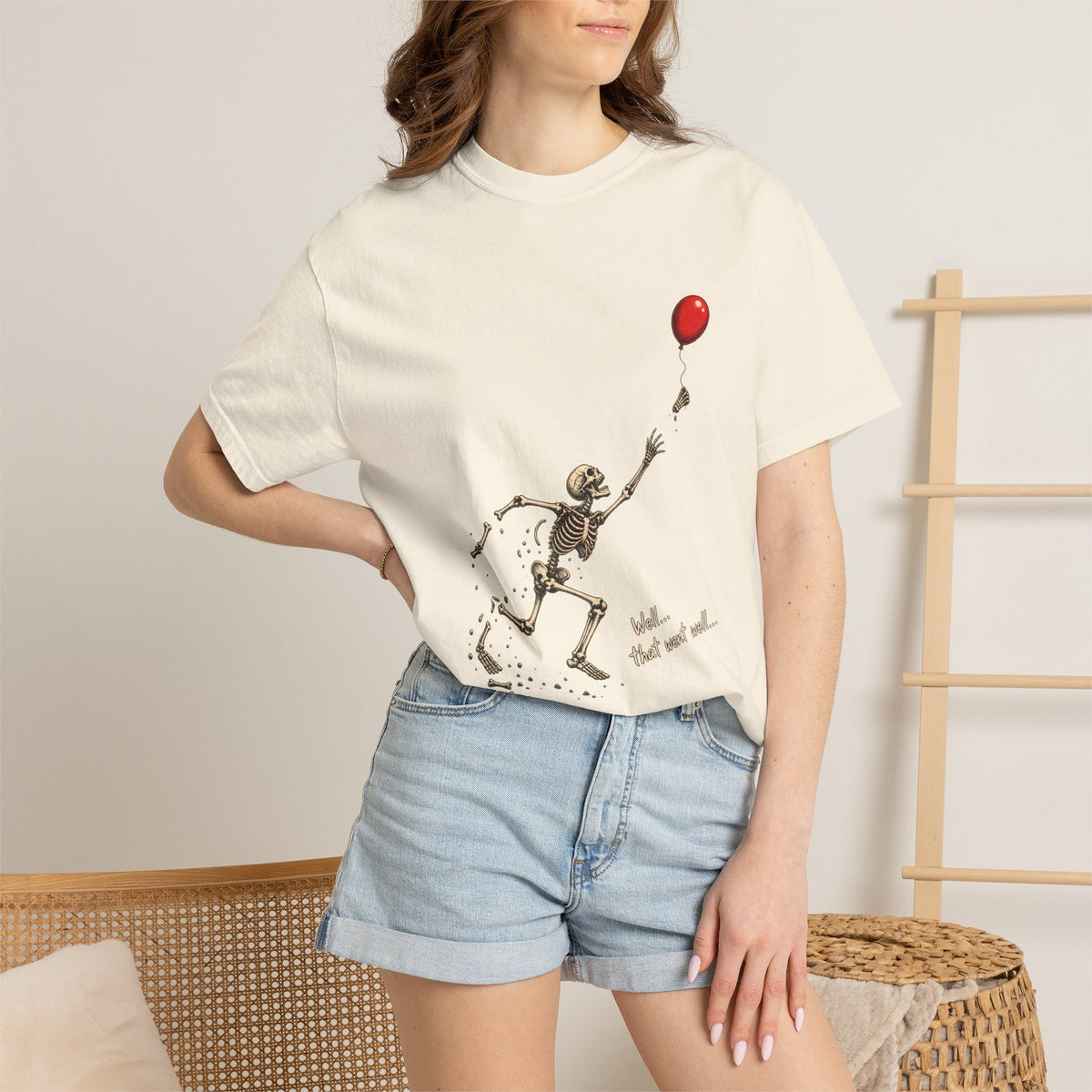 Comfort Colors® Well That Went Well T-Shirt, Funny Skeleton Halloween Gift, Red Balloon Dark Humor Gift, Vintage Spooky Skeleton Graphic Tee