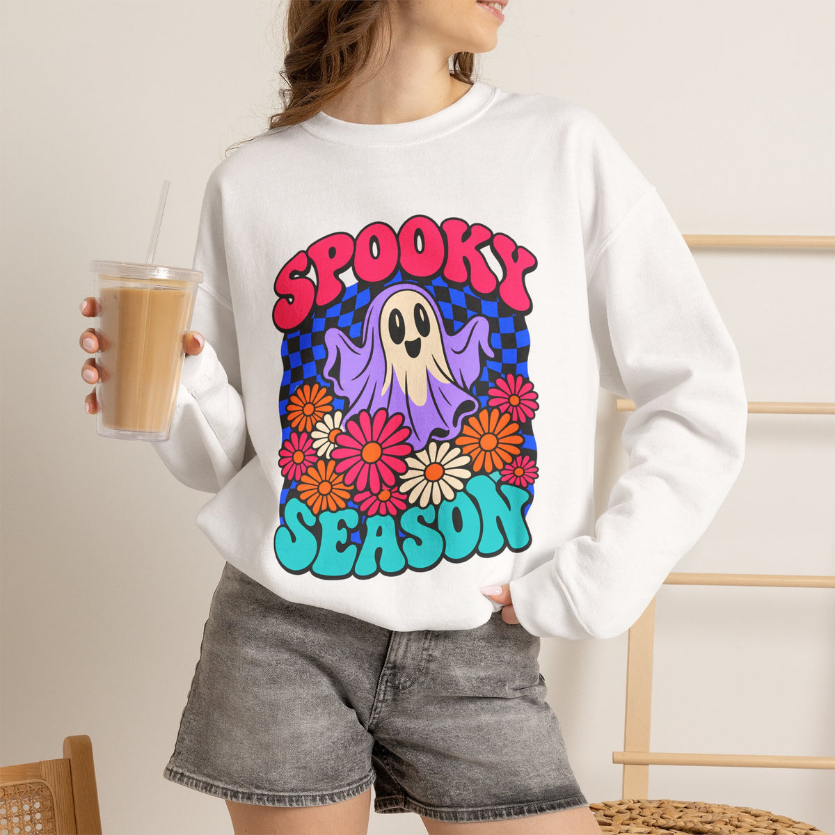 Spooky Season ghost floral Sweatshirt, Cute Ghost Halloween Gift, Colorful Floral Ghost Graphic Tee, Spooky Season Lover Gift