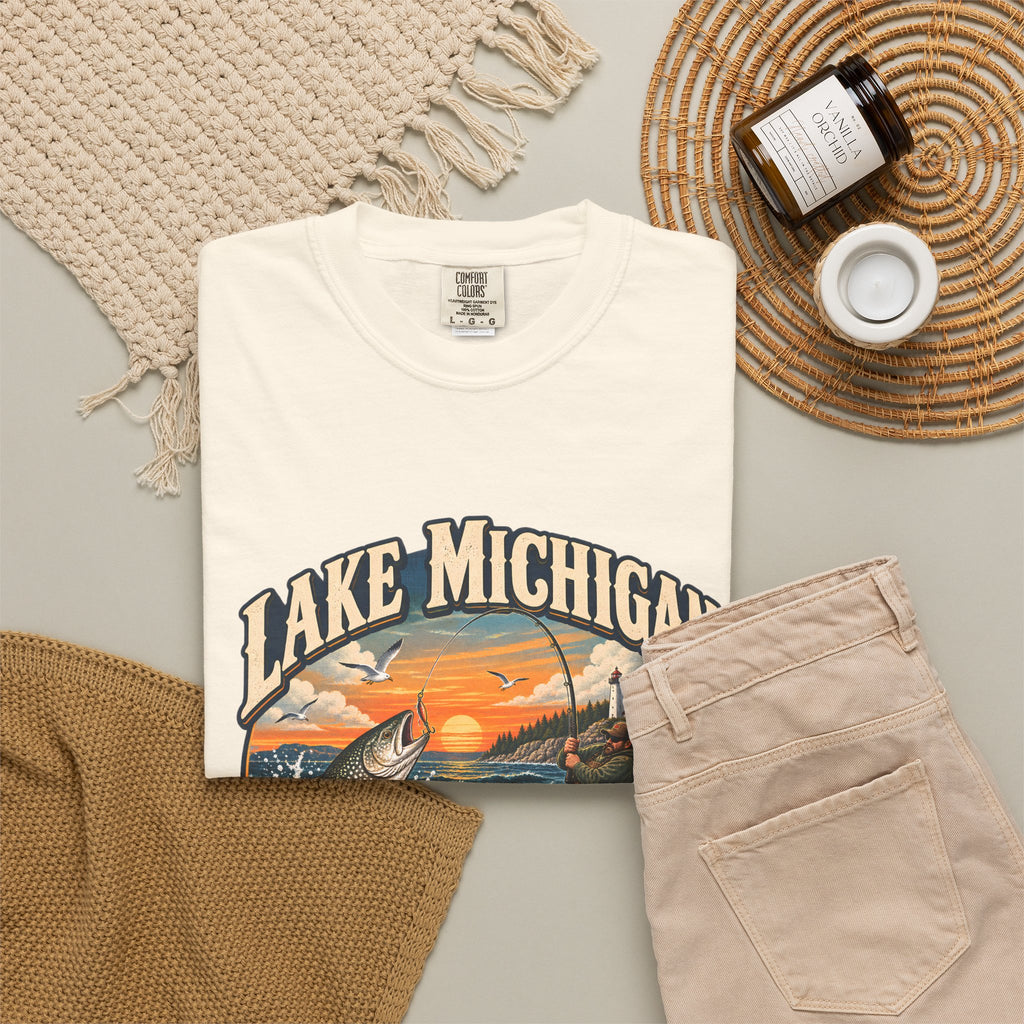 Comfort Colors® Lake Michigan Fishing T-Shirt, Great Lakes Angler Gift, Trout Fisherman Sunset Graphic Tee, Michigan Fishing Lover Shirt
