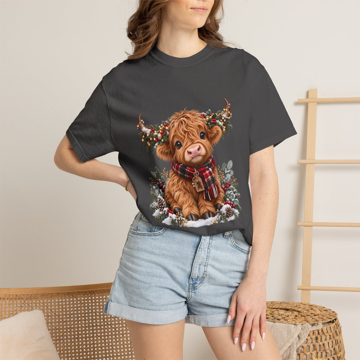 Comfort Colors® Cute Highland Cow Christmas T-Shirt, Festive Cow Lover Gift, Winter Farm Lover Gift, Christmas Farm Animal Gift