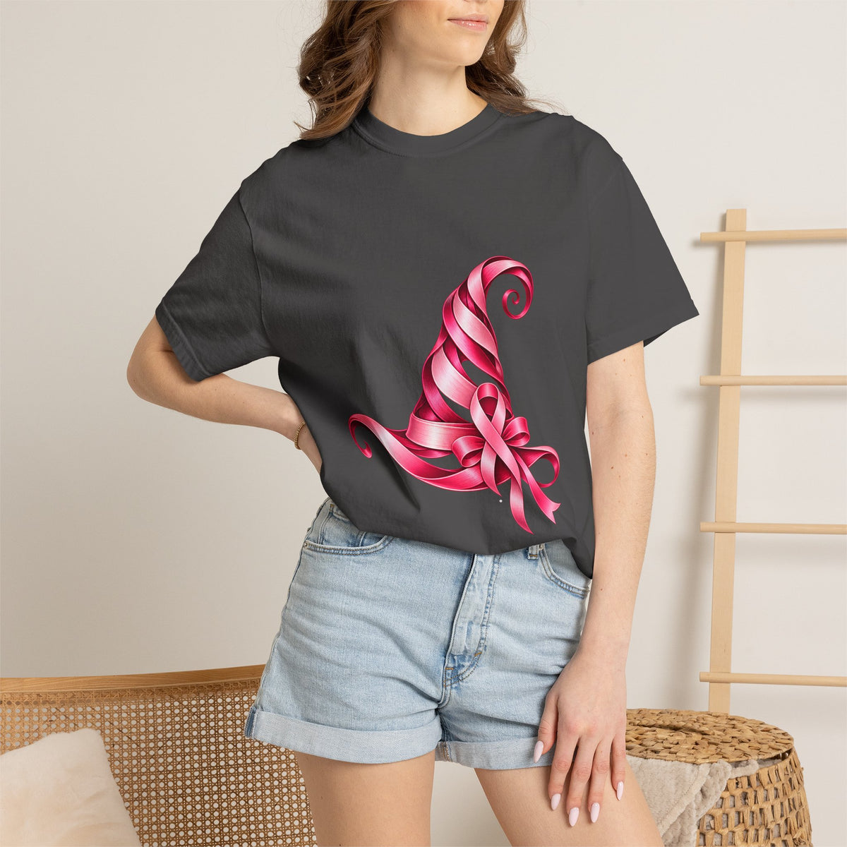Comfort Colors® Pink Ribbon Witch Hat T-Shirt, Breast Cancer Awareness Gift, Halloween Survivor Support Tee, Pink October Witchy Shirt