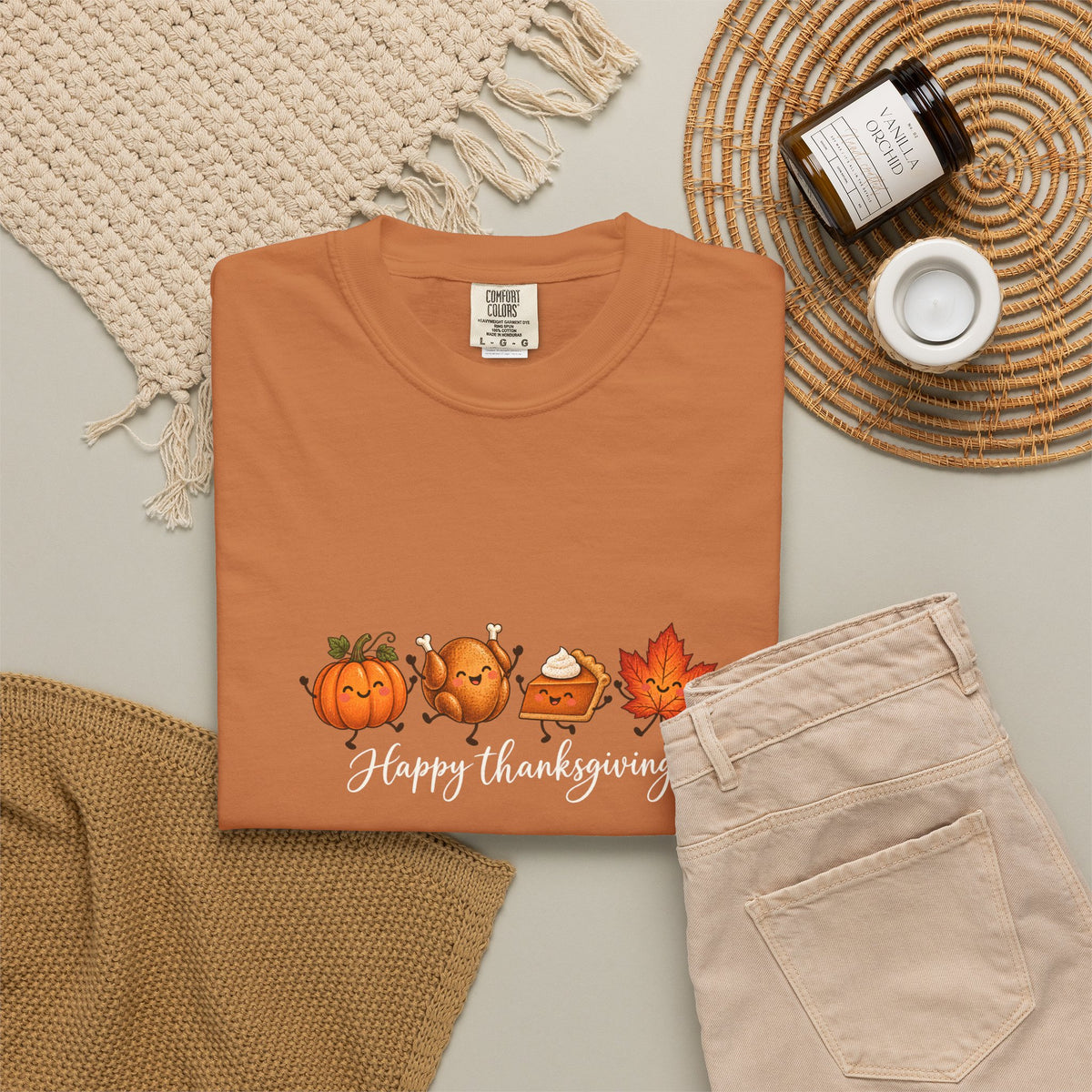Comfort Colors® Happy Thanksgiving T-Shirt, Cute Turkey Pumpkin Lover Gift, Kawaii Fall Food Gift, Autumn Family Dinner Graphic Tee