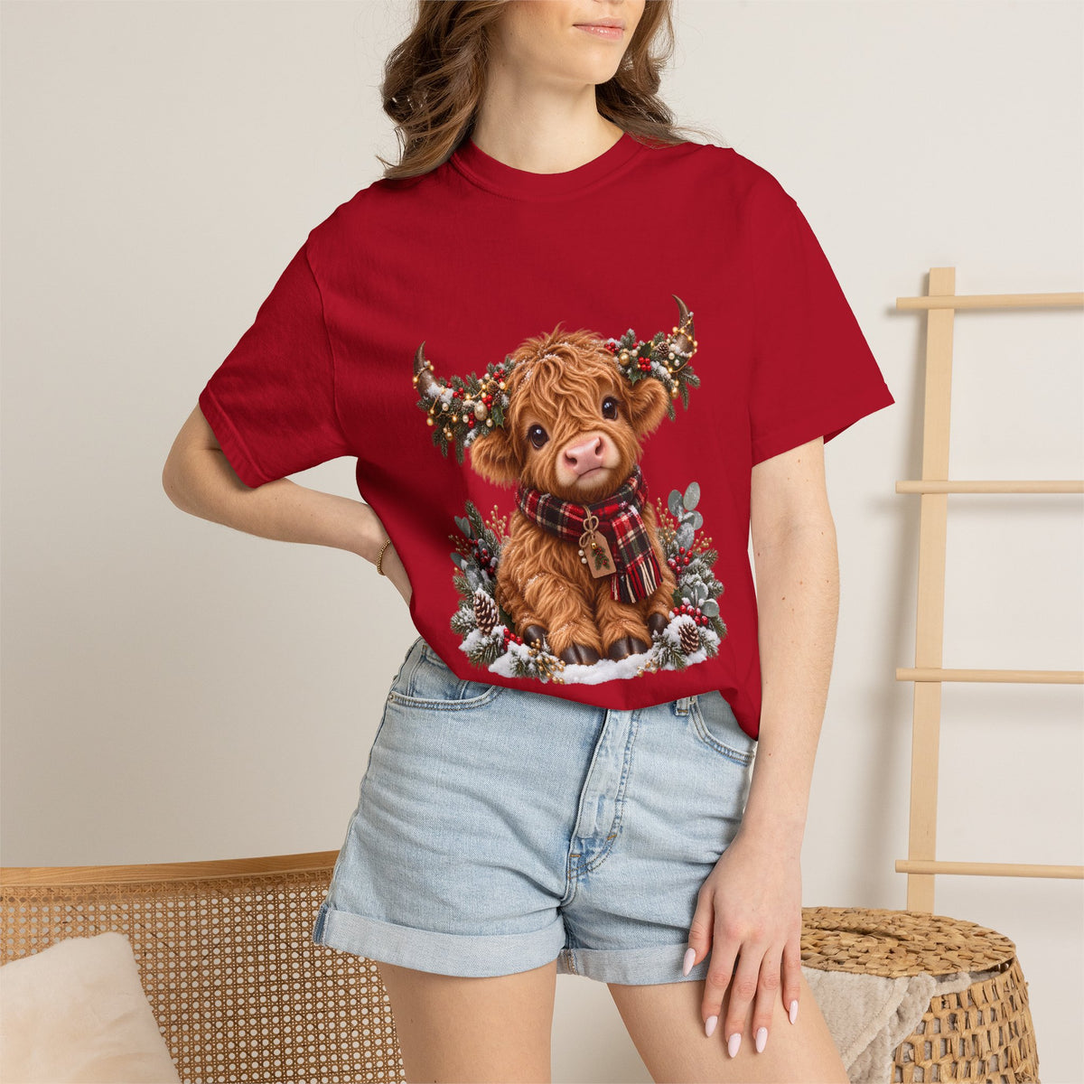 Comfort Colors® Cute Highland Cow Christmas T-Shirt, Festive Cow Lover Gift, Winter Farm Lover Gift, Christmas Farm Animal Gift