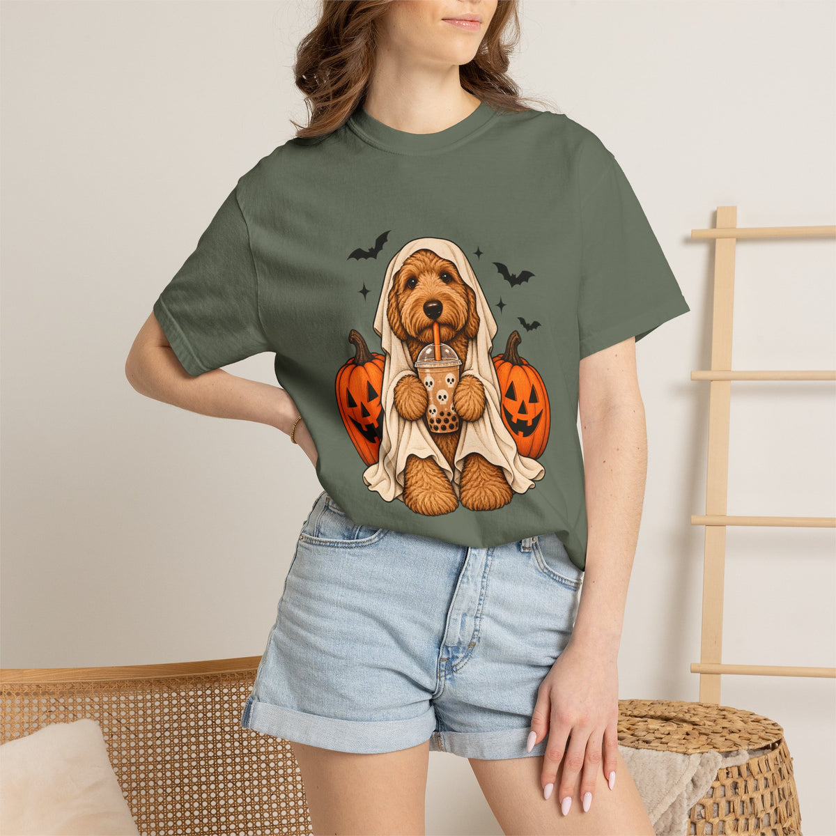 Comfort Colors® Halloween Ghost Dog Boba T-Shirt, Cute Doodle Dog Lover Gift, Spooky Pumpkin Bubble Tea Gift, Fall Pet Graphic Tee