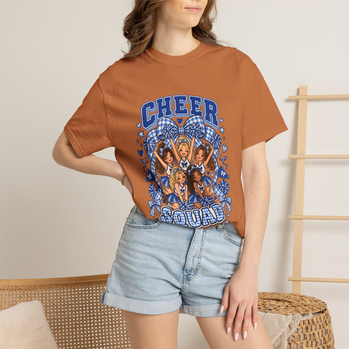 Comfort Colors® Cheer Squad T-Shirt, Blue Gingham Cheerleader Gift, Cheer Team Spirit Graphic Tee, Cute Cheerleading Girls Coach Gift