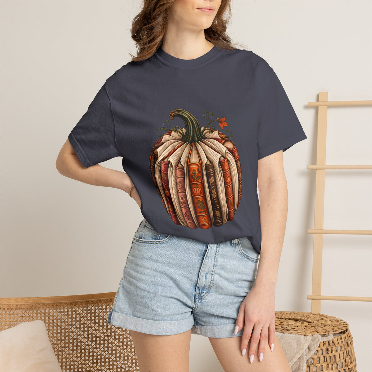 Comfort Colors® Book Pumpkin T-Shirt, Fall Reading Lover Gift, Vintage Autumn Bookish Gift, Cozy Librarian Teacher Pumpkin Graphic Tee