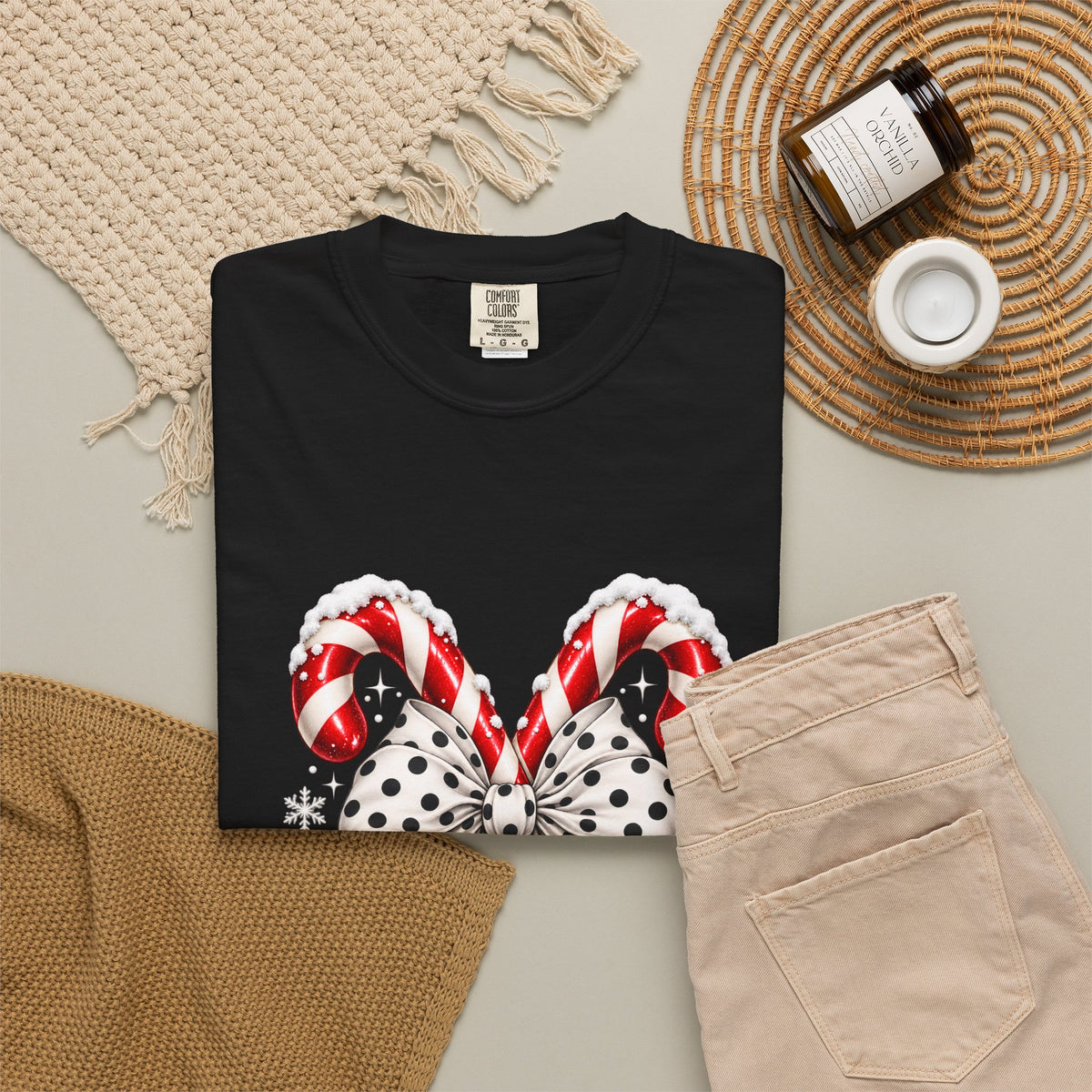 Comfort Colors® Candy Cane Bow T-Shirt, Coquette Christmas Lover Gift, Candy Cane Coquette Shirt, Cute Festive Candy Cane Gift for Her