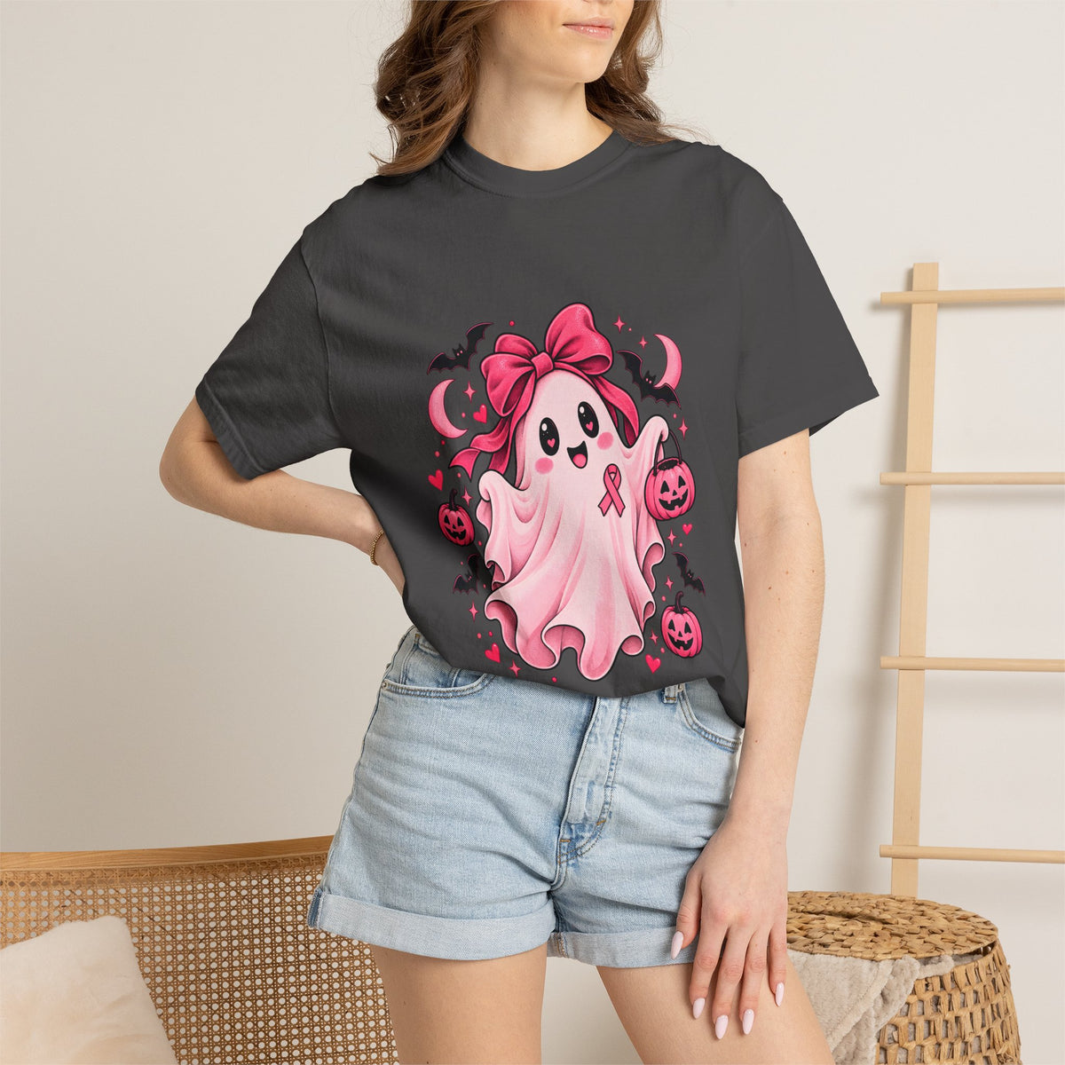 Comfort Colors® Pink Ribbon Ghost T-Shirt, Breast Cancer Awareness Halloween Gift, Cute Spooky Survivor Support Shirt, Pink October Shirt