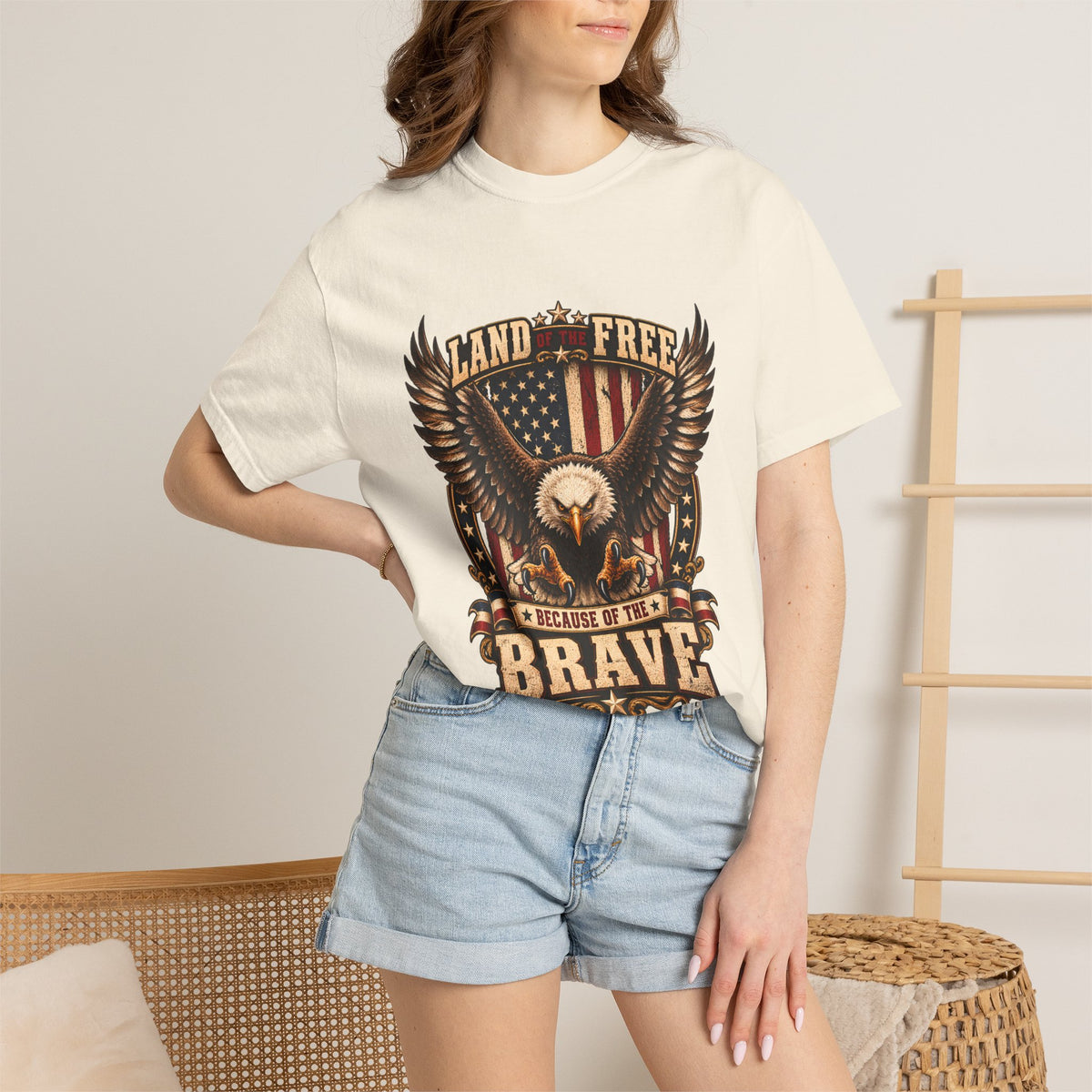 Comfort Colors® Land of the Free Because of the Brave T-Shirt, Patriotic Bald Eagle Gift, American Flag Veteran, Military Support Shirt