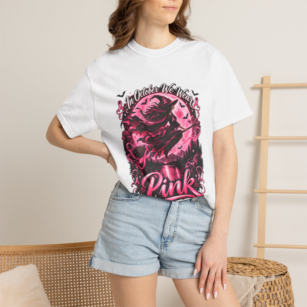 Comfort Colors® In October We Wear Pink T-Shirt, Breast Cancer Awareness Witch Gift, Pink Ribbon Halloween, Spooky Survivor Support Shirt