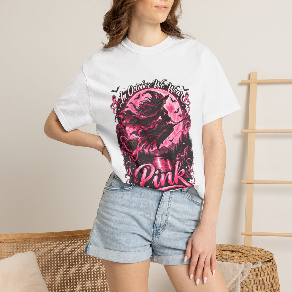 Comfort Colors® In October We Wear Pink T-Shirt, Breast Cancer Awareness Witch Gift, Pink Ribbon Halloween, Spooky Survivor Support Shirt