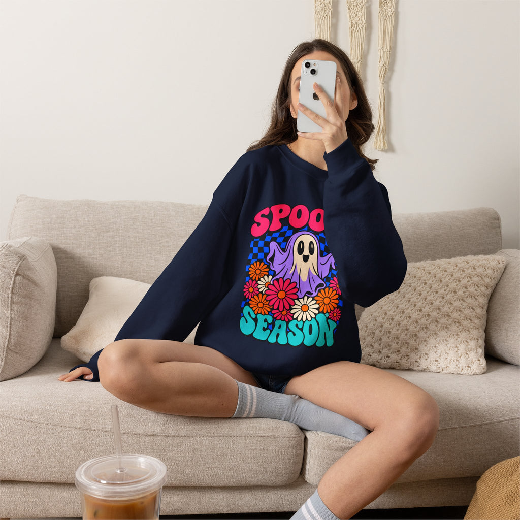 Spooky Season ghost floral Sweatshirt, Cute Ghost Halloween Gift, Colorful Floral Ghost Graphic Tee, Spooky Season Lover Gift