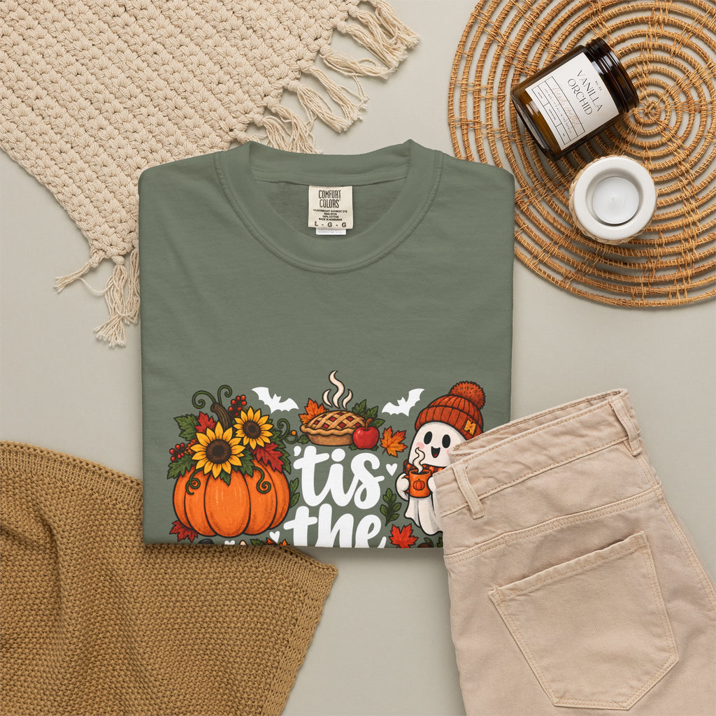 T-shirt Comfort Colors® « Tis the Season », cadeau pour amateur de citrouilles, t-shirt pour l'automne, Thanksgiving et Halloween, t-shirt douillet pour la saison des récoltes pour femmes