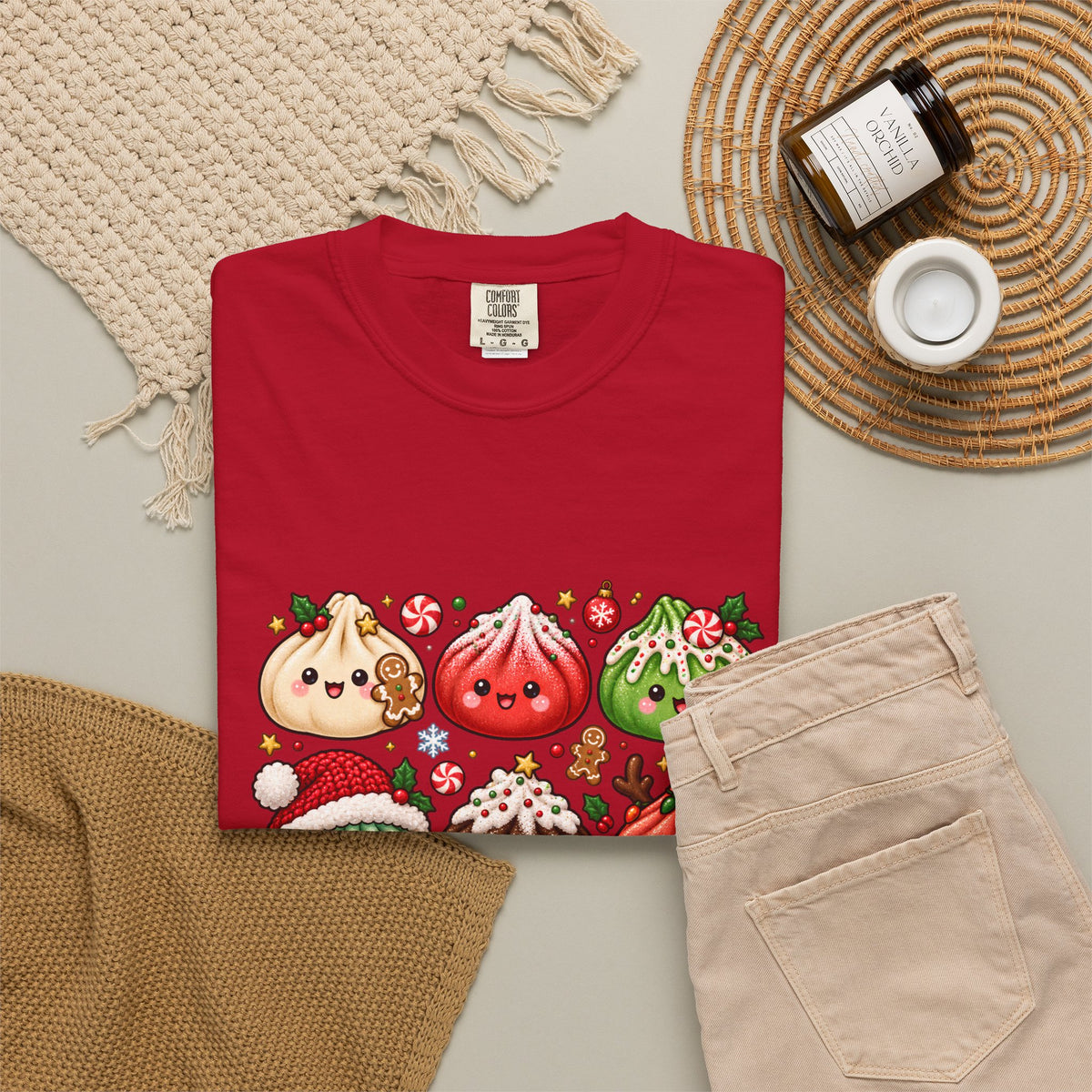 T-shirt de Noël mignon « Comfort Colors® » avec raviolis, cadeau kawaii pour amateur de cuisine pour les fêtes, pour les fans de raviolis, cadeau gourmand de Noël mignon