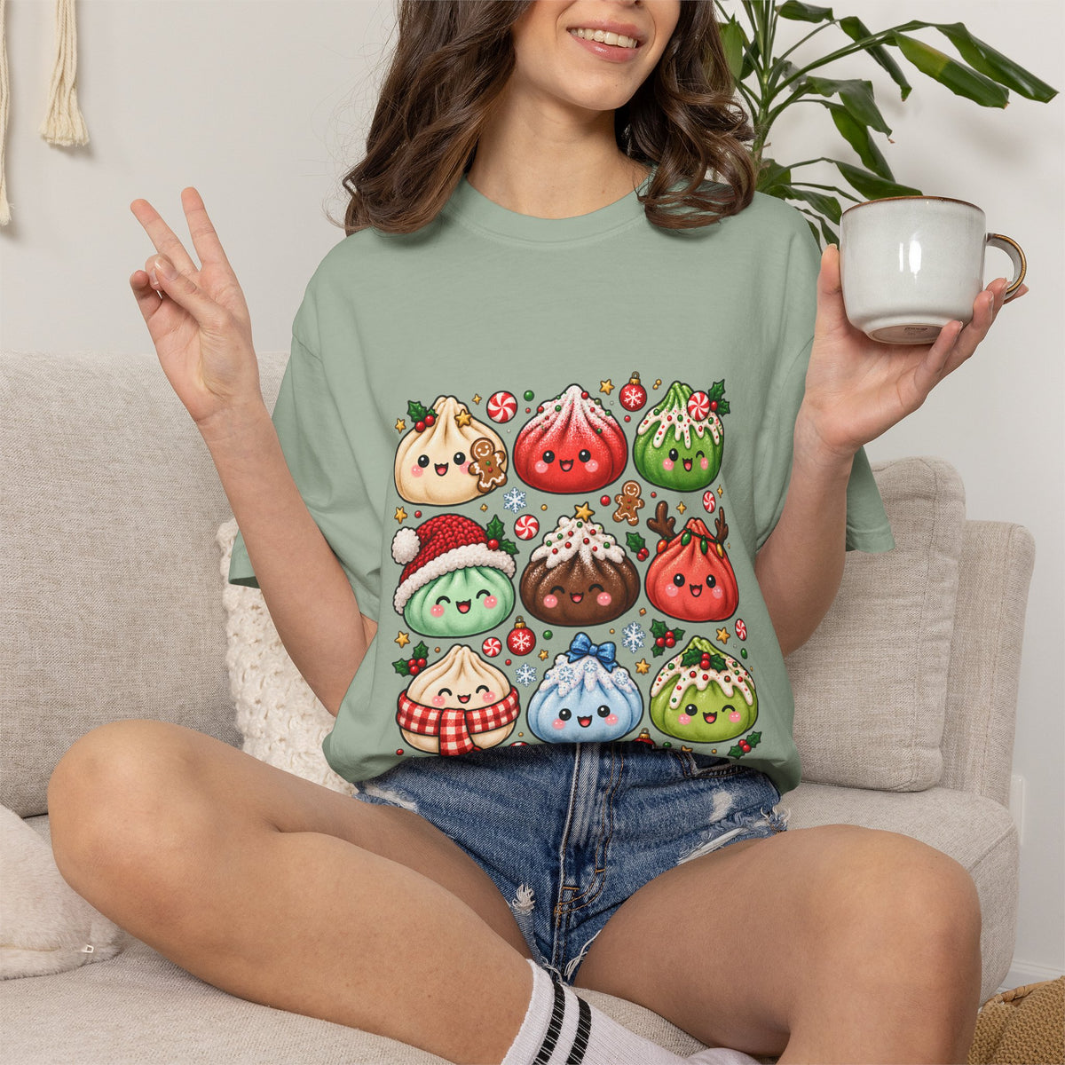 T-shirt de Noël mignon « Comfort Colors® » avec raviolis, cadeau kawaii pour amateur de cuisine pour les fêtes, pour les fans de raviolis, cadeau gourmand de Noël mignon