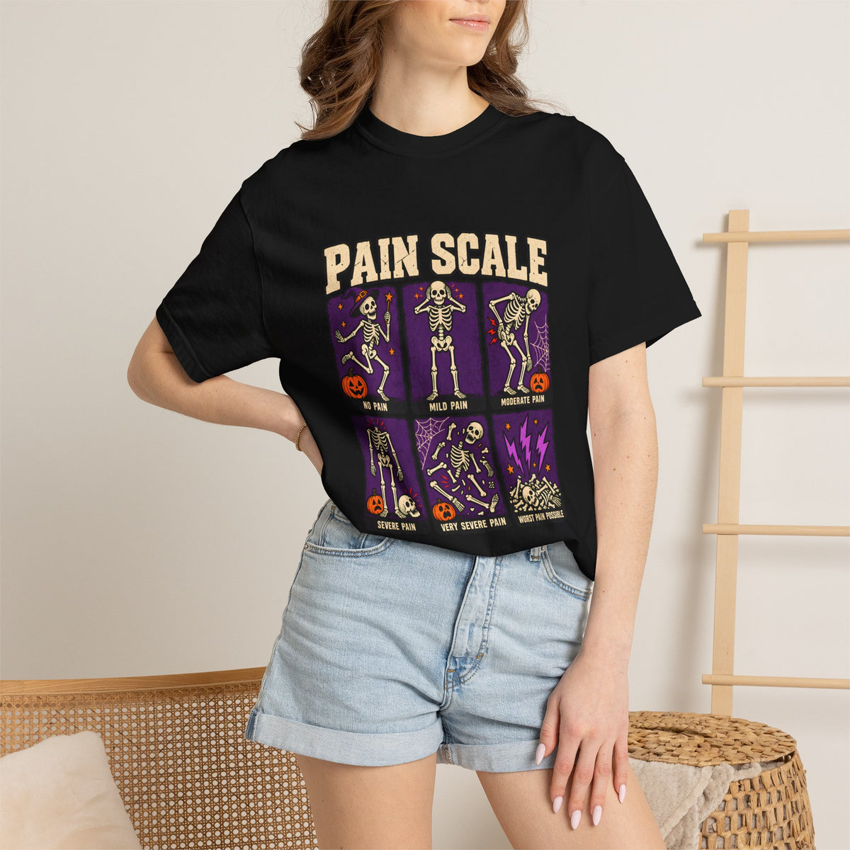 Comfort Colors® Pain Scale Skeleton T-Shirt, Funny Halloween Skeleton Gift, Spooky Medical Humor Gift, Nurse Doctor Halloween Graphic Tee