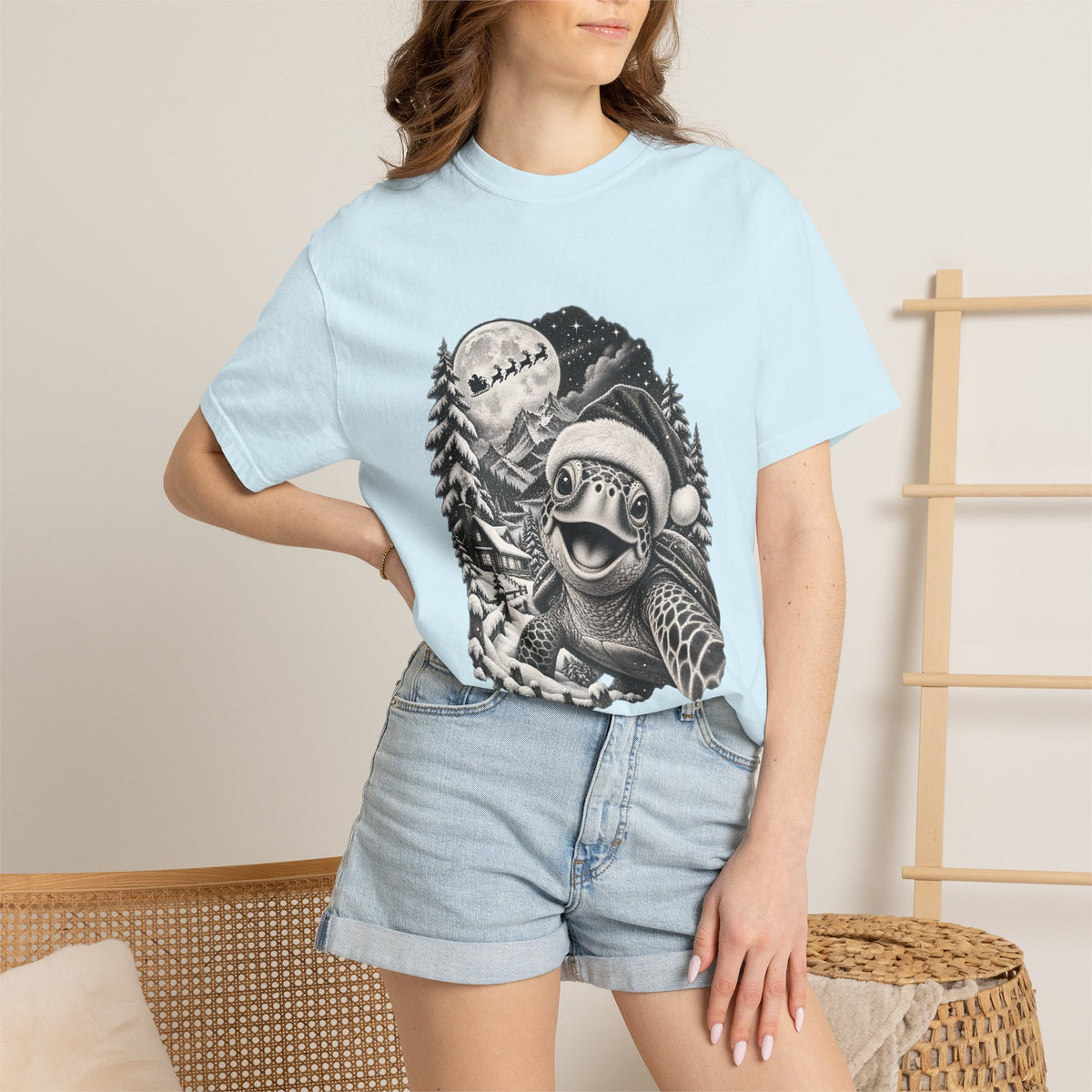 Comfort Colors® Christmas Turtle T-Shirt, Cute Sea Turtle Lover Gift, Funny Santa Hat Turtle Christmas Gift, Winter Ocean Animal Graphic Tee