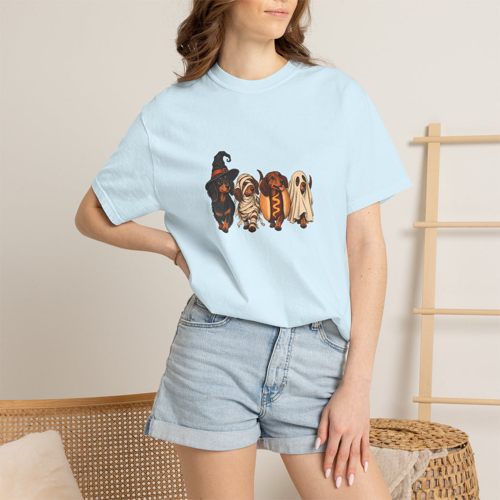 Comfort Colors® Halloween Dachshund T-Shirt, Spooky Wiener Dog Lover Gift, Cute Sausage Dog Costume Shirt, Doxie Halloween Pet Mom Shirt