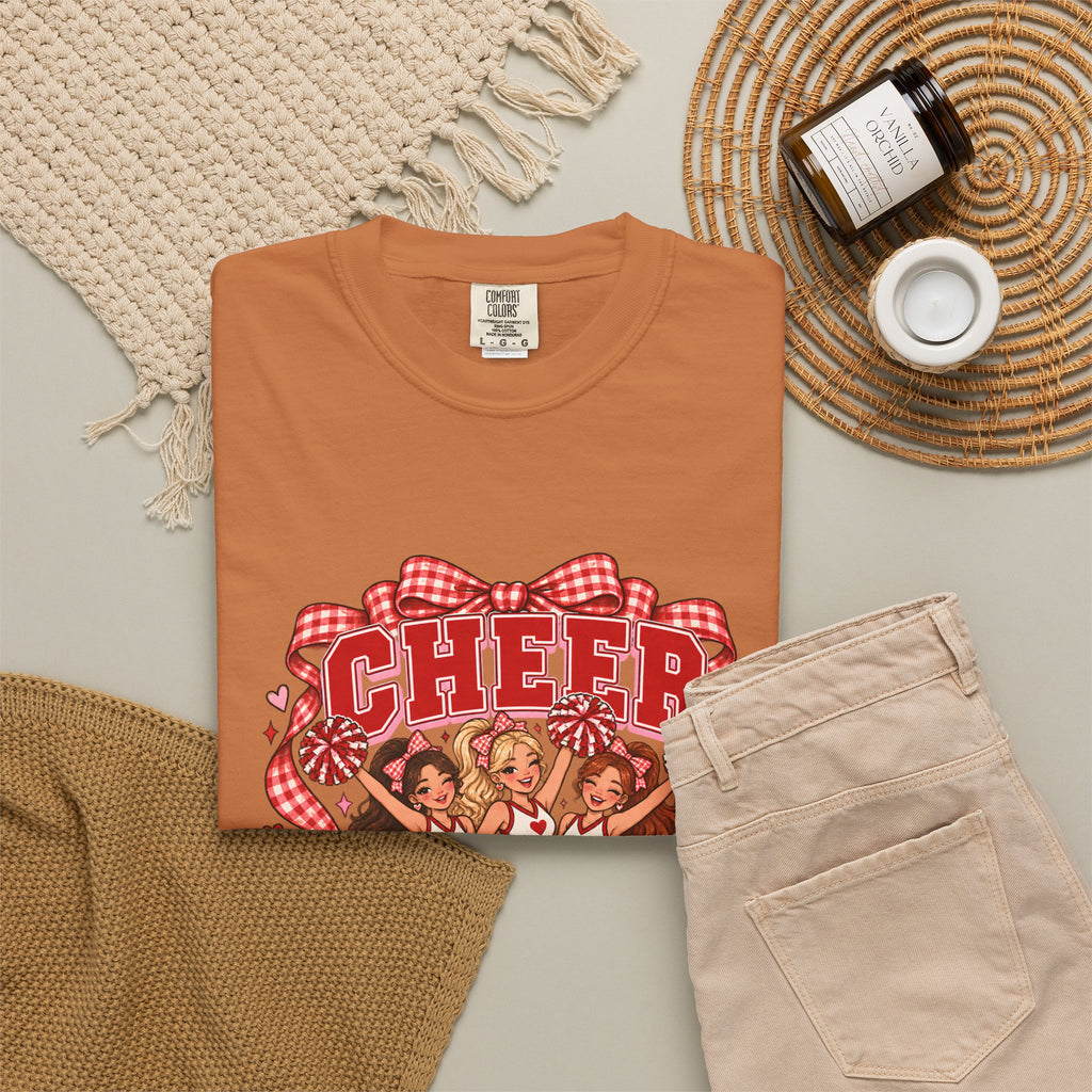 Comfort Colors® Cheer Squad T-Shirt, Red Gingham Bow Cheerleader Gift, Cute Cheer Team Spirit Graphic Tee, Cheerleading Girls Coach Gift
