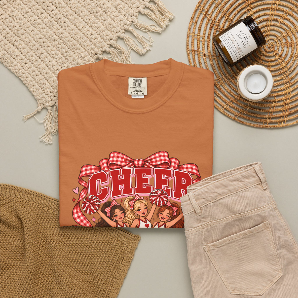 Comfort Colors® Cheer Squad T-Shirt, Red Gingham Bow Cheerleader Gift, Cute Cheer Team Spirit Graphic Tee, Cheerleading Girls Coach Gift