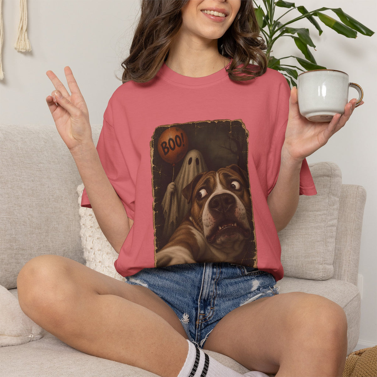 Comfort Colors® Boo Ghost Dog T-Shirt, Funny Halloween Bulldog Lover Gift, Scared Dog Spooky Season Gift, Vintage Pet Selfie Graphic Tee