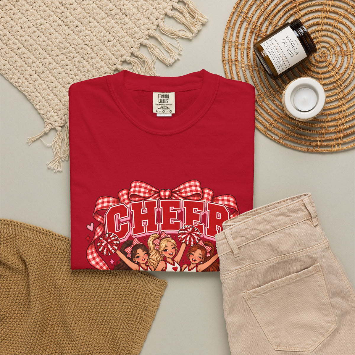 Comfort Colors® Cheer Squad T-Shirt, Red Gingham Bow Cheerleader Gift, Cute Cheer Team Spirit Graphic Tee, Cheerleading Girls Coach Gift