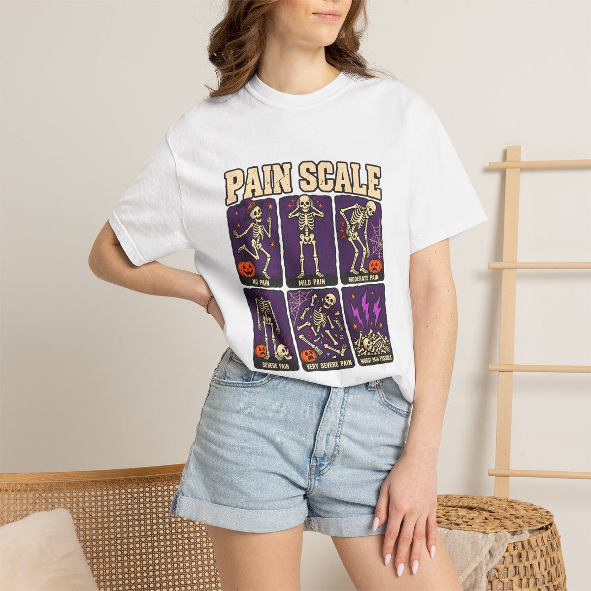Comfort Colors® Pain Scale Skeleton T-Shirt, Funny Halloween Skeleton Gift, Spooky Medical Humor Gift, Nurse Doctor Halloween Graphic Tee