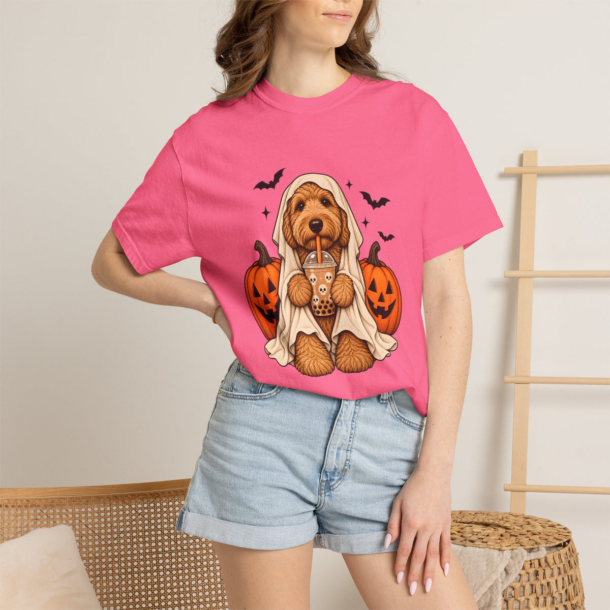 Comfort Colors® Halloween Ghost Dog Boba T-Shirt, Cute Doodle Dog Lover Gift, Spooky Pumpkin Bubble Tea Gift, Fall Pet Graphic Tee