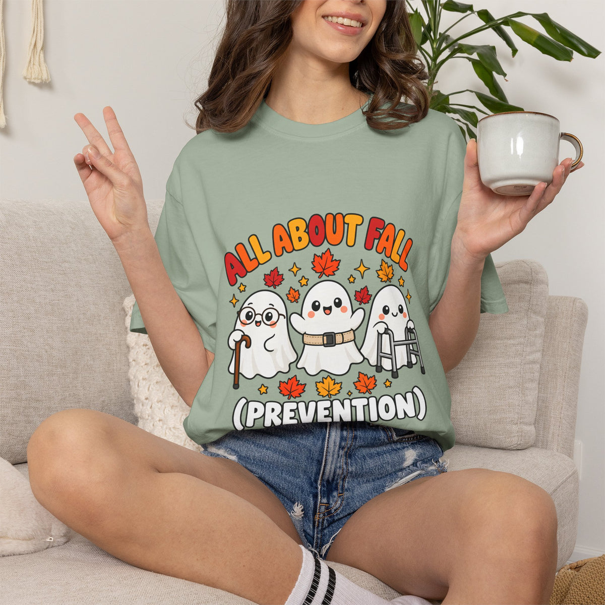 Comfort Colors® All About Fall Prevention T-Shirt, Funny Physical Therapist Gift, Occupational Therapy Humor Gift, Cute Autumn Ghost