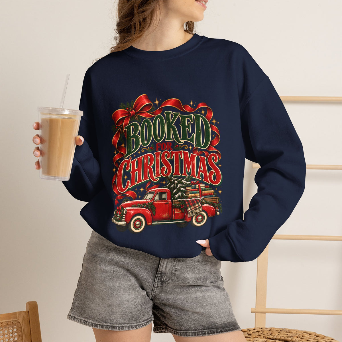 Booked for Christmas Sweatshirt, Book Lover Holiday Gift, Vintage Christmas Truck Graphic Sweatshirt, Cozy Reader Christmas Gift for Her