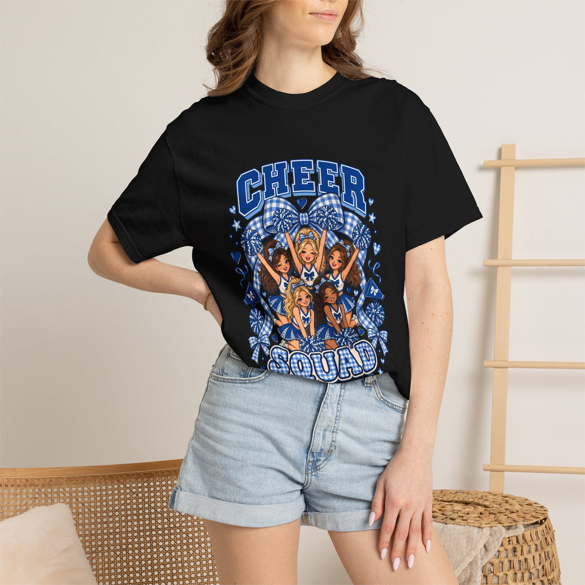 Comfort Colors® Cheer Squad T-Shirt, Blue Gingham Cheerleader Gift, Cheer Team Spirit Graphic Tee, Cute Cheerleading Girls Coach Gift