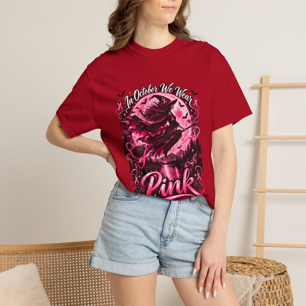 Comfort Colors® In October We Wear Pink T-Shirt, Breast Cancer Awareness Witch Gift, Pink Ribbon Halloween, Spooky Survivor Support Shirt