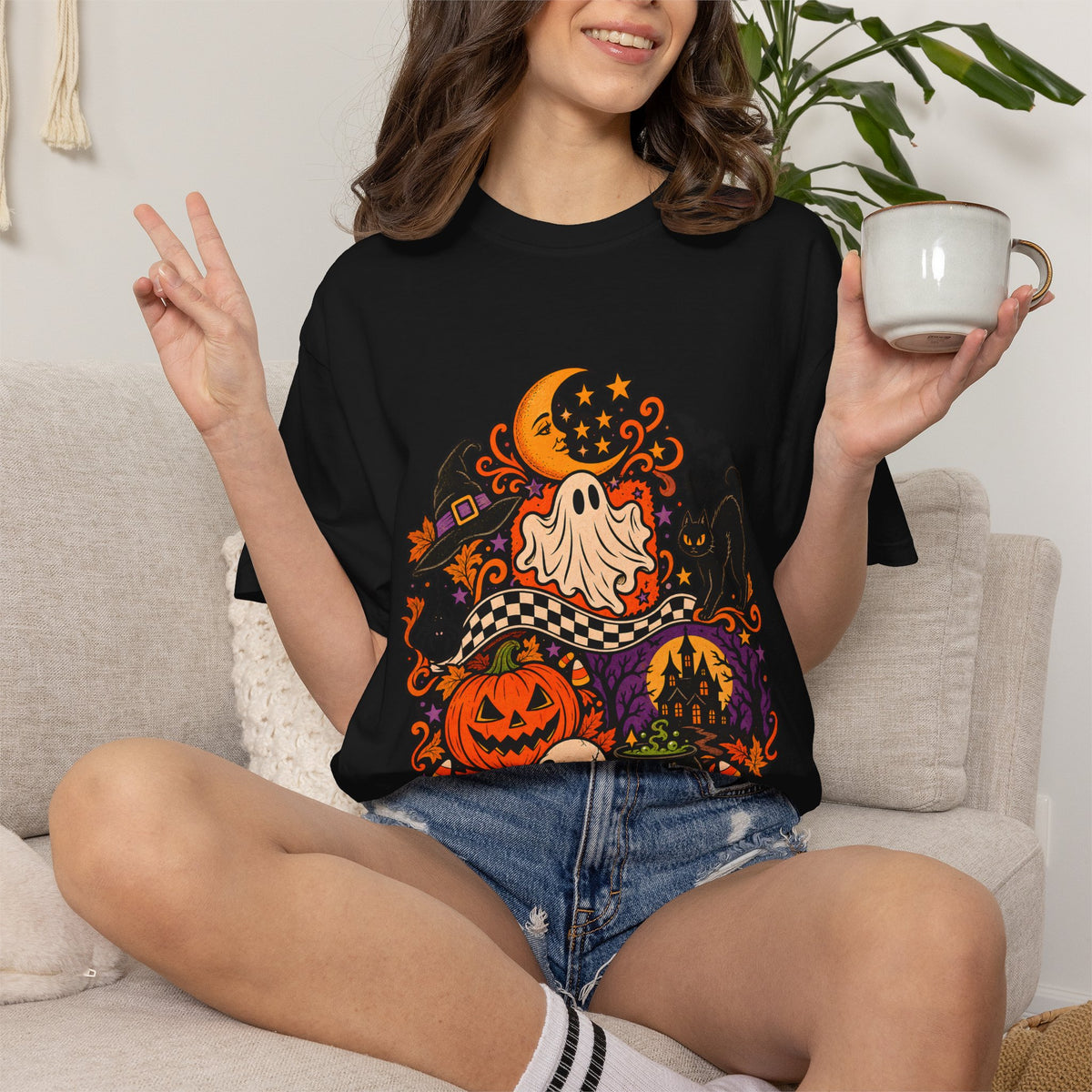 Comfort Colors® Vintage Halloween Shirt, Black Cat Skull Graphic Tee, Spooky Season Sweatshirt, Retro Halloween Season Gift