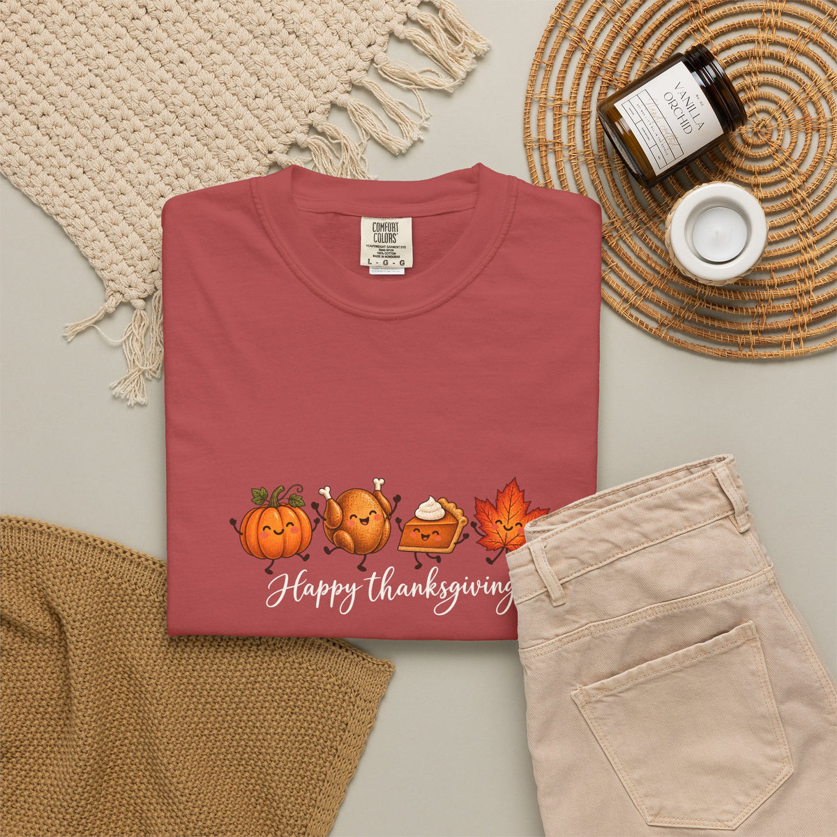 Comfort Colors® Happy Thanksgiving T-Shirt, Cute Turkey Pumpkin Lover Gift, Kawaii Fall Food Gift, Autumn Family Dinner Graphic Tee