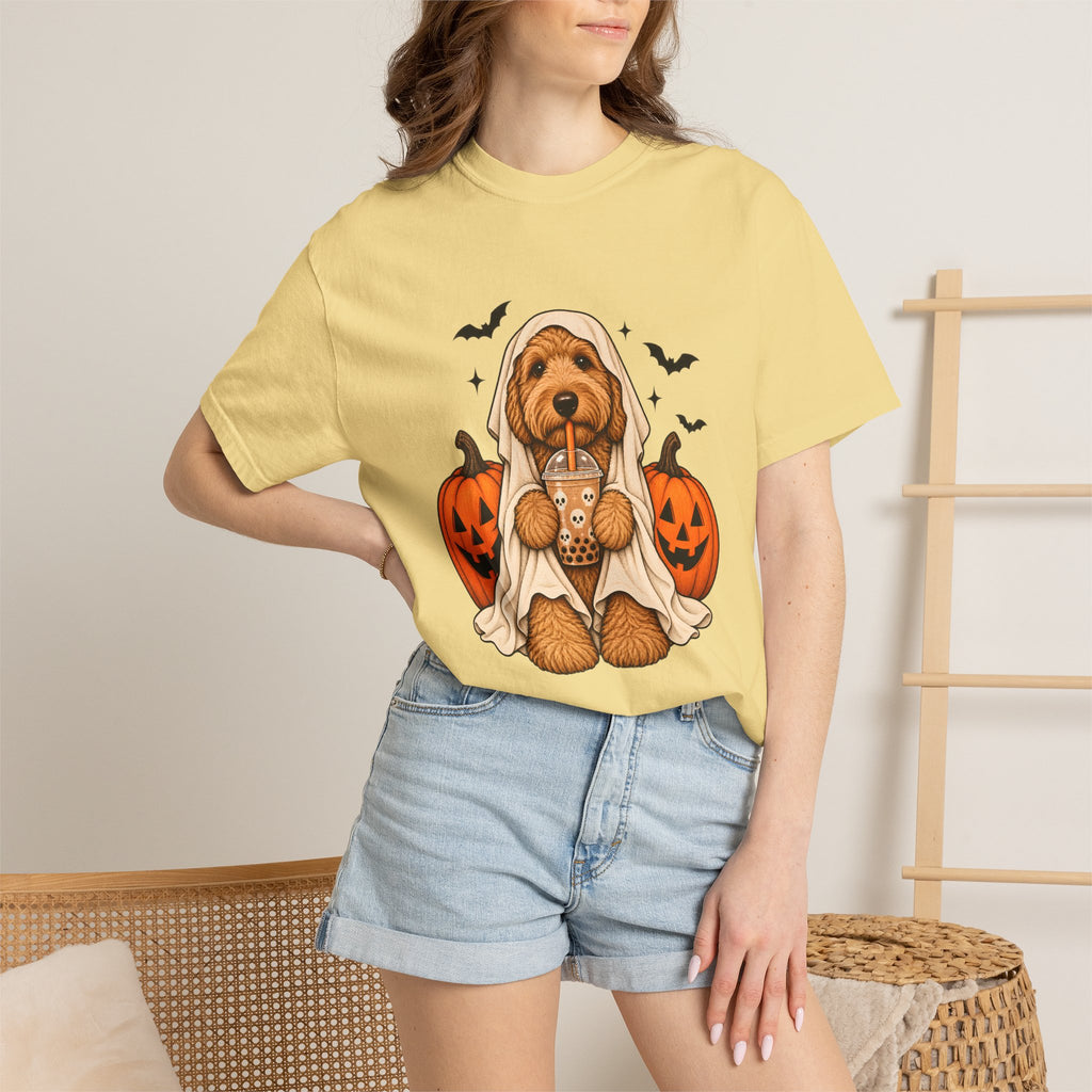 Comfort Colors® Halloween Ghost Dog Boba T-Shirt, Cute Doodle Dog Lover Gift, Spooky Pumpkin Bubble Tea Gift, Fall Pet Graphic Tee