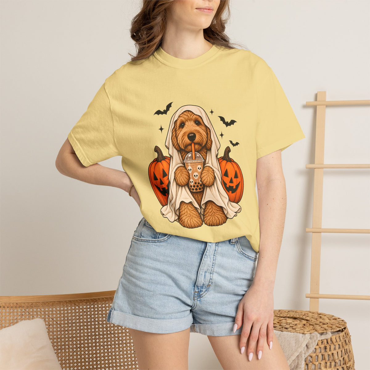Comfort Colors® Halloween Ghost Dog Boba T-Shirt, Cute Doodle Dog Lover Gift, Spooky Pumpkin Bubble Tea Gift, Fall Pet Graphic Tee