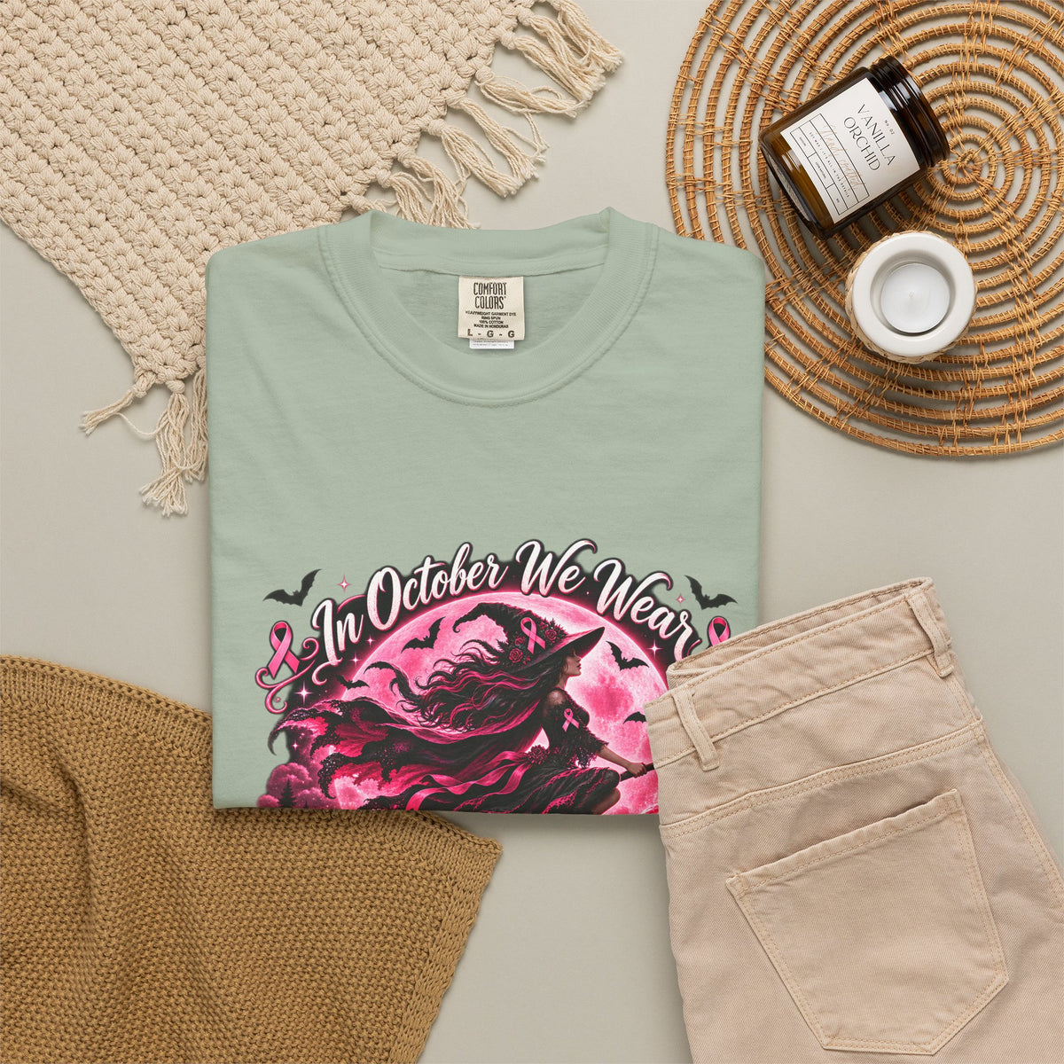Comfort Colors® In October We Wear Pink T-Shirt, Breast Cancer Awareness Witch Gift, Pink Ribbon Halloween, Spooky Survivor Support Shirt