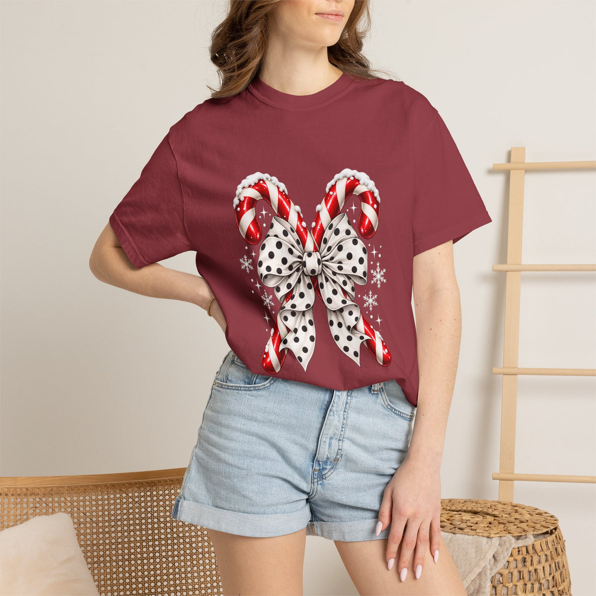 Comfort Colors® Candy Cane Bow T-Shirt, Coquette Christmas Lover Gift, Candy Cane Coquette Shirt, Cute Festive Candy Cane Gift for Her