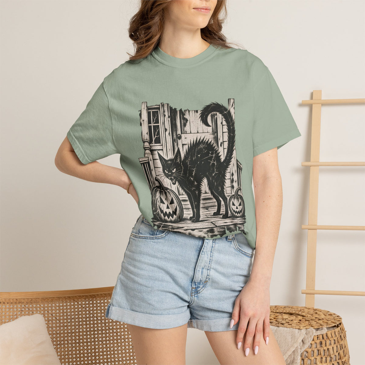 Comfort Colors® Vintage Black Cat Halloween T-Shirt, Spooky Cat Lover Gift, Retro Jack O Lantern Graphic Tee, Gothic Halloween Kitty Gift
