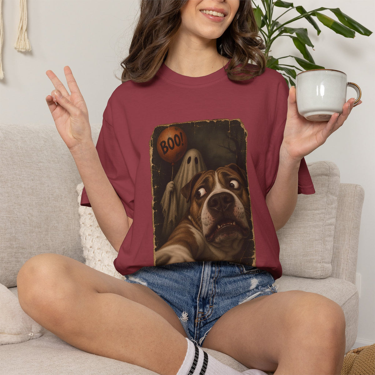 Comfort Colors® Boo Ghost Dog T-Shirt, Funny Halloween Bulldog Lover Gift, Scared Dog Spooky Season Gift, Vintage Pet Selfie Graphic Tee
